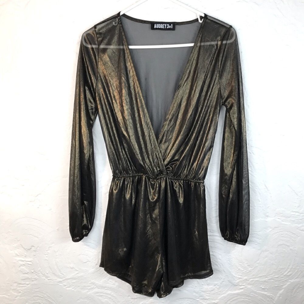 Audrey 3+1 bronze gold sexy metallic sheer romper